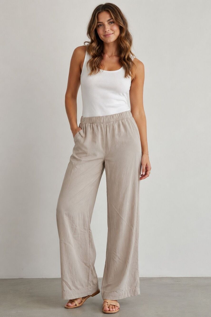 H&M Women’s Beige Wide Leg Pull-On 100% Viscose Pants Size 6